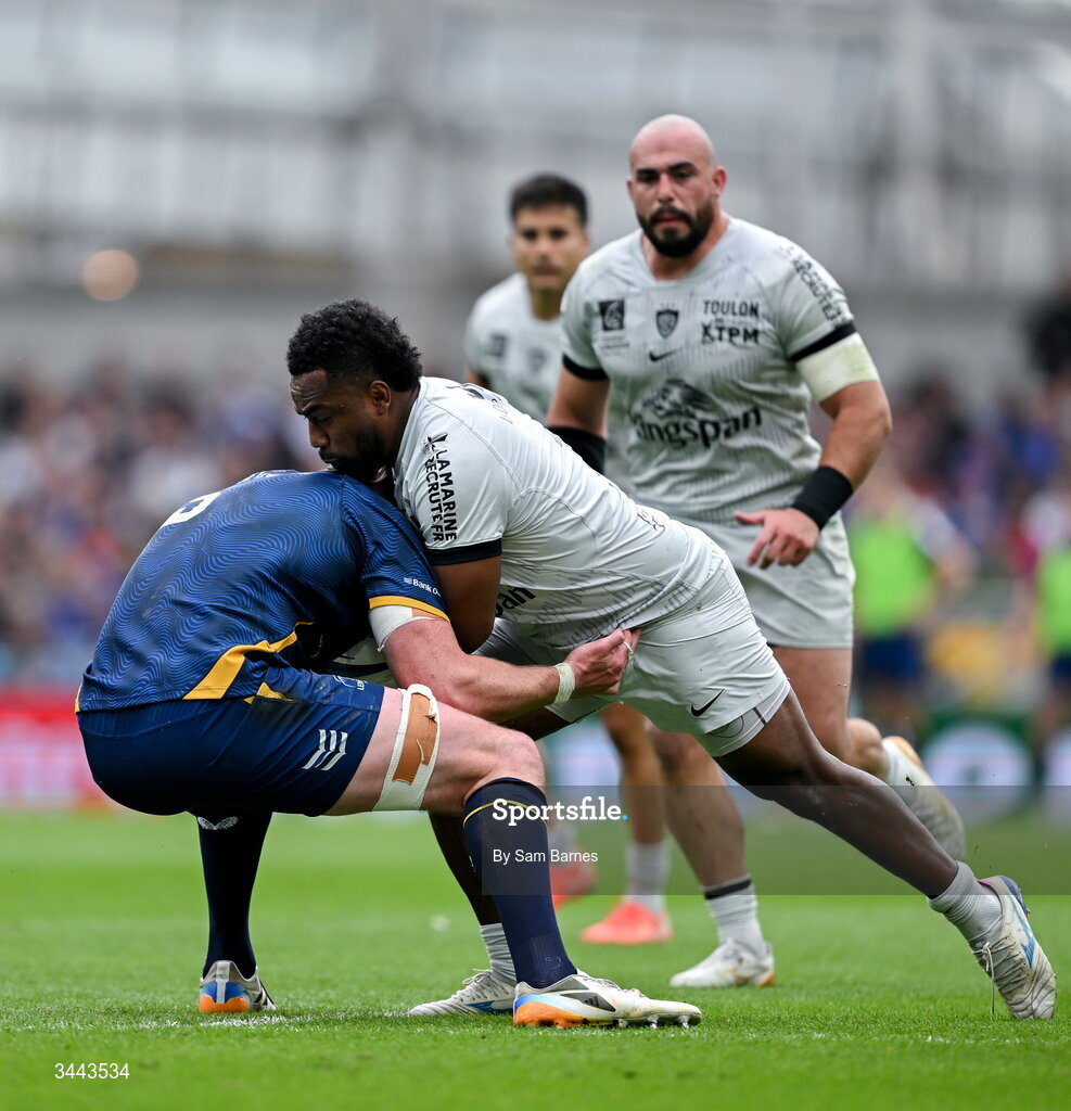 2 May 2026; Setariki Tuicuvu of RC Toulon in action against James Ryan of Leinster during the Investec Champions Cup semi-final match between Leinster and RC Toulon at the Aviva Stadium in Dublin. Photo by Sam Barnes/Sportsfile