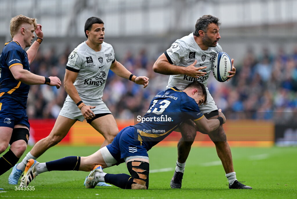 2 May 2026; Jérémy Sinzelle of RC Toulon is tackled by Garry Ringrose of Leinster during the Investec Champions Cup semi-final match between Leinster and RC Toulon at the Aviva Stadium in Dublin. Photo by Sam Barnes/Sportsfile