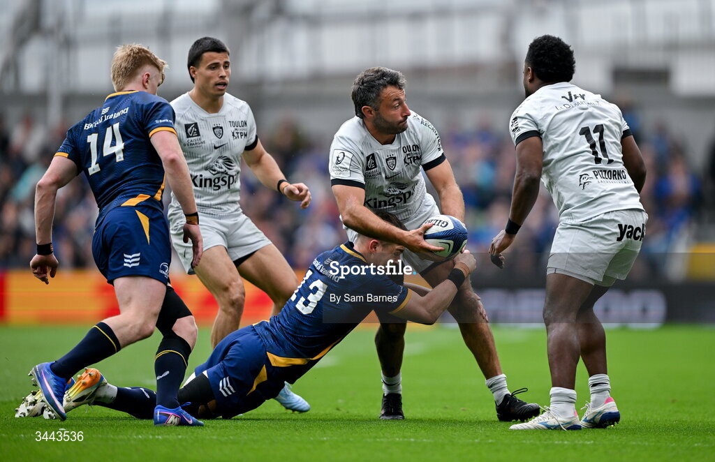 2 May 2026; Jérémy Sinzelle of RC Toulon is tackled by Garry Ringrose of Leinster during the Investec Champions Cup semi-final match between Leinster and RC Toulon at the Aviva Stadium in Dublin. Photo by Sam Barnes/Sportsfile