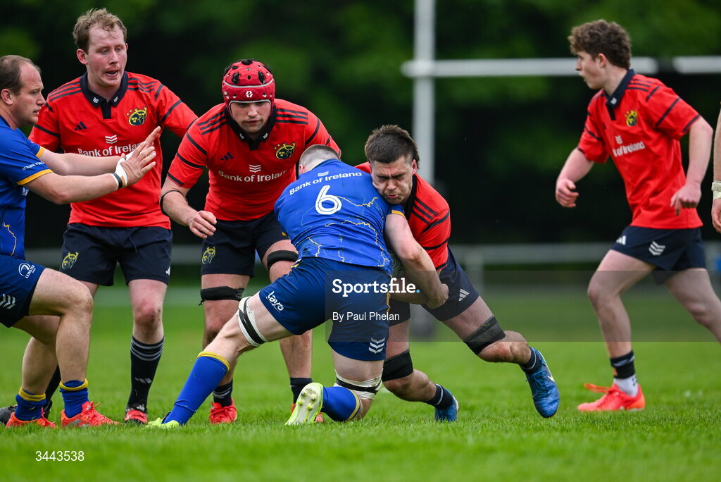 2 May 2026; Kain Donnellan of Munster is tackled by Colm Heffernan of Leinster during the IRFU Men's Junior Interprovincials Round 2 match between Munster and Leinster at DLSP FC in Kiltiernan, Dublin. Photo by Paul Phelan/Sportsfile