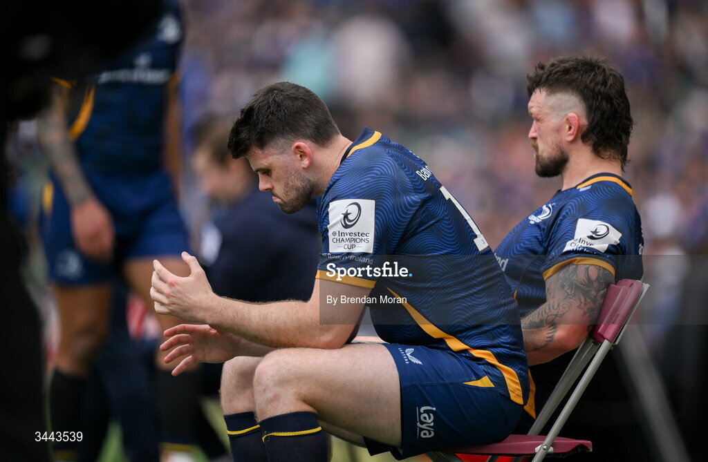 2 May 2026; Harry Byrne, left, and Andrew Porter of Leinster sit in the sinbin during the Investec Champions Cup semi-final match between Leinster and RC Toulon at the Aviva Stadium in Dublin. Photo by Brendan Moran/Sportsfile