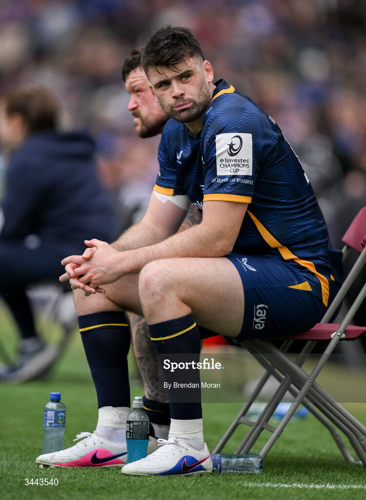 2 May 2026; Harry Byrne, right, and Andrew Porter of Leinster sit in the sinbin during the Investec Champions Cup semi-final match between Leinster and RC Toulon at the Aviva Stadium in Dublin. Photo by Brendan Moran/Sportsfile