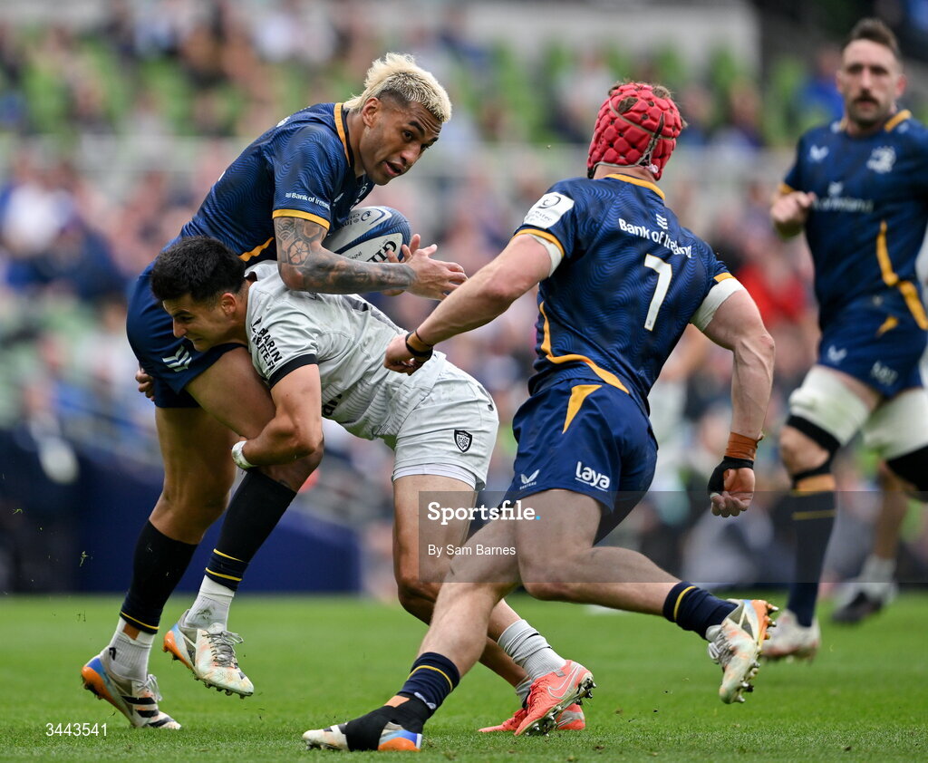 2 May 2026; Rieko Ioane of Leinster in action against Tomas Albornoz of RC Toulon during the Investec Champions Cup semi-final match between Leinster and RC Toulon at the Aviva Stadium in Dublin. Photo by Sam Barnes/Sportsfile