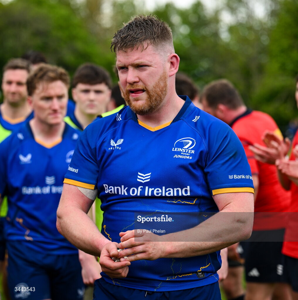 2 May 2026; Graham Reynolds of Leinster reacts after the IRFU Men's Junior Interprovincials Round 2 match between Munster and Leinster at DLSP FC in Kiltiernan, Dublin. Photo by Paul Phelan/Sportsfile