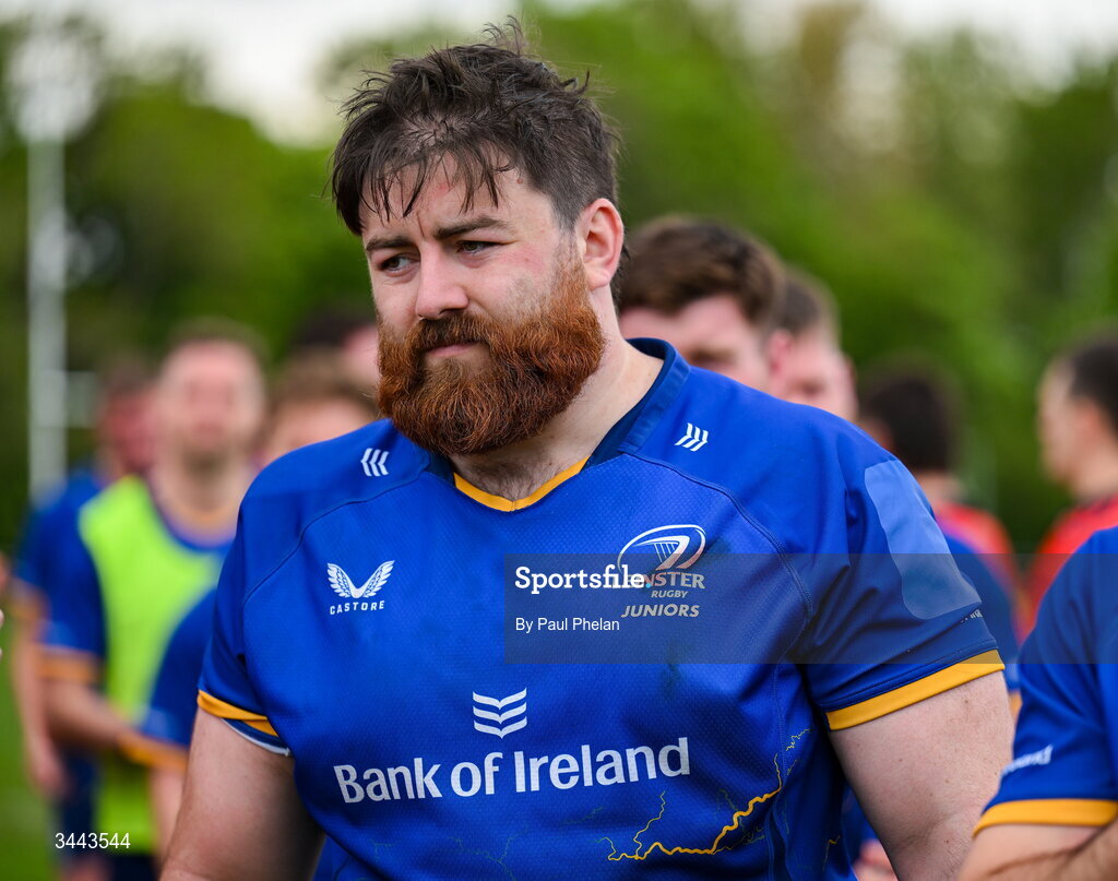 2 May 2026; John McDonald of Leinster reacts after the IRFU Men's Junior Interprovincials Round 2 match between Munster and Leinster at DLSP FC in Kiltiernan, Dublin. Photo by Paul Phelan/Sportsfile