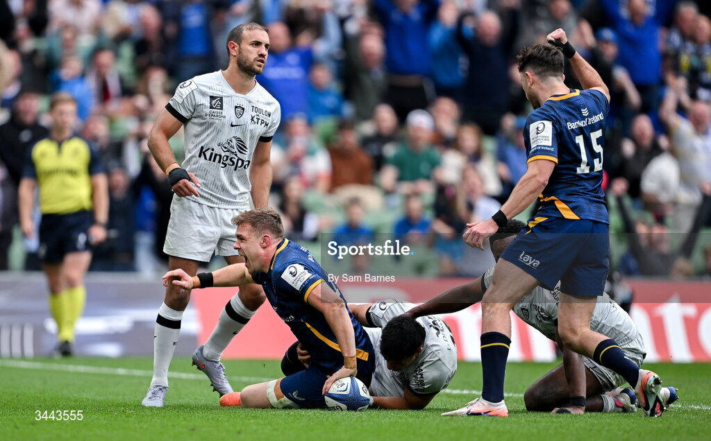 2 May 2026; Garry Ringrose of Leinster celebrates after scoring his side's third try during the Investec Champions Cup semi-final match between Leinster and RC Toulon at the Aviva Stadium in Dublin. Photo by Sam Barnes/Sportsfile