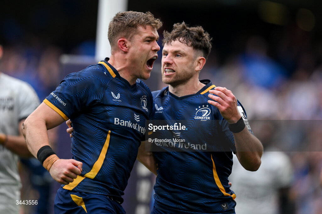 2 May 2026; Garry Ringrose of Leinster, left, celebrates with teammate Hugo Keenan after scoring their side's third try during the Investec Champions Cup semi-final match between Leinster and RC Toulon at the Aviva Stadium in Dublin. Photo by Brendan Moran/Sportsfile
