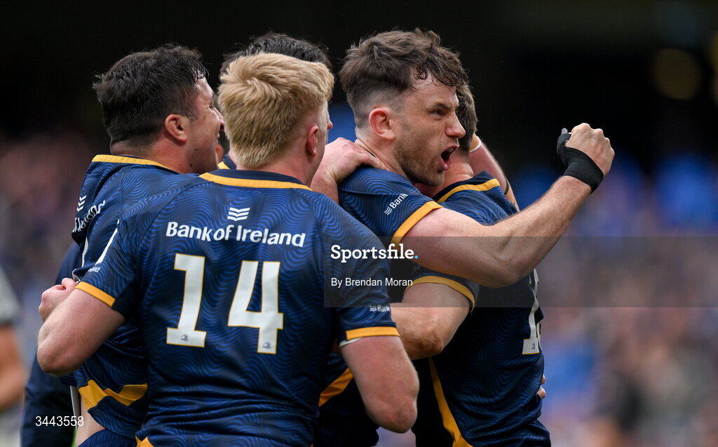 2 May 2026; Garry Ringrose of Leinster, right, celebrates with teammates including Hugo Keenan, second from right, and Tommy O'Brien, 14, after scoring their side's third try during the Investec Champions Cup semi-final match between Leinster and RC Toulon at the Aviva Stadium in Dublin. Photo by Brendan Moran/Sportsfile