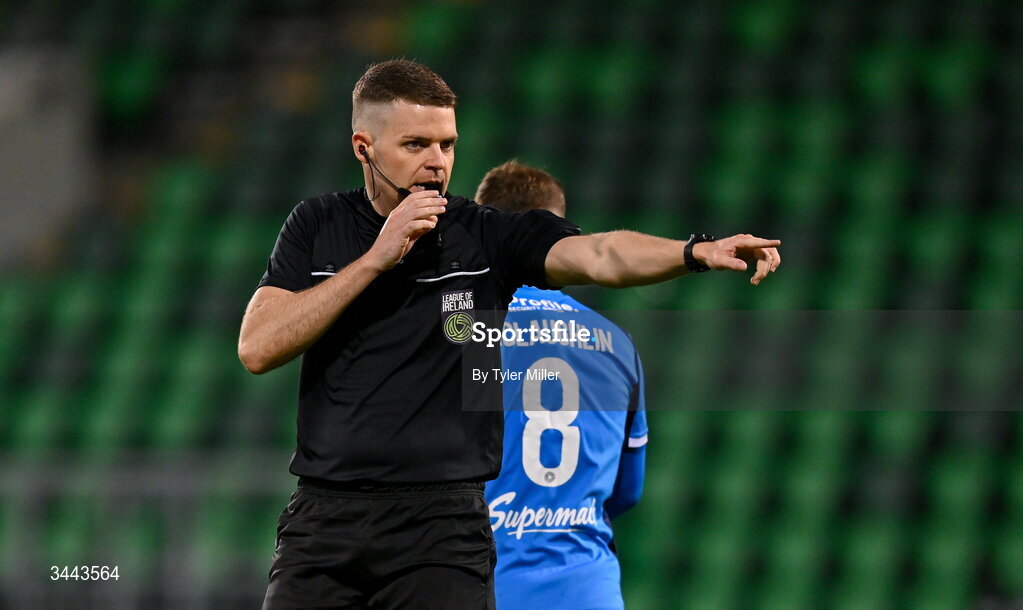 1 May 2026; Referee Lucas Keating during the SSE Airtricity Men's Premier Division match between Shamrock Rovers and Waterford at Tallaght Stadium in Dublin. Photo by Tyler Miller/Sportsfile