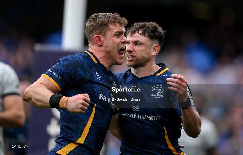 2 May 2026; Garry Ringrose of Leinster, left, celebrates with teammate Hugo Keenan after scoring their side's third try during the Investec Champions Cup semi-final match between Leinster and RC Toulon at the Aviva Stadium in Dublin. Photo by Brendan Moran/Sportsfile