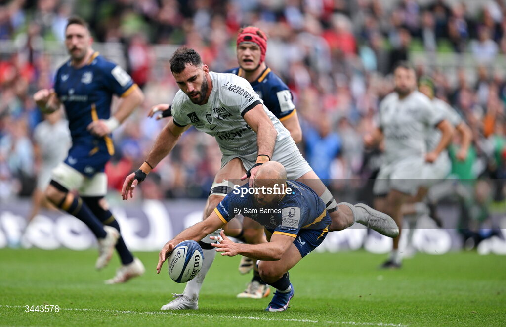 2 May 2026; Jamison Gibson-Park of Leinster in action against Charles Ollivon of RC Toulon during the Investec Champions Cup semi-final match between Leinster and RC Toulon at the Aviva Stadium in Dublin. Photo by Sam Barnes/Sportsfile