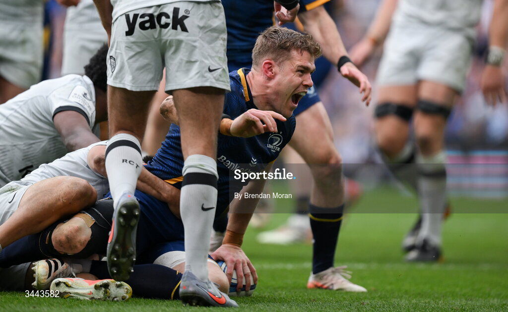 2 May 2026; Garry Ringrose of Leinster celebrates after scoring his side's third try during the Investec Champions Cup semi-final match between Leinster and RC Toulon at the Aviva Stadium in Dublin. Photo by Brendan Moran/Sportsfile
