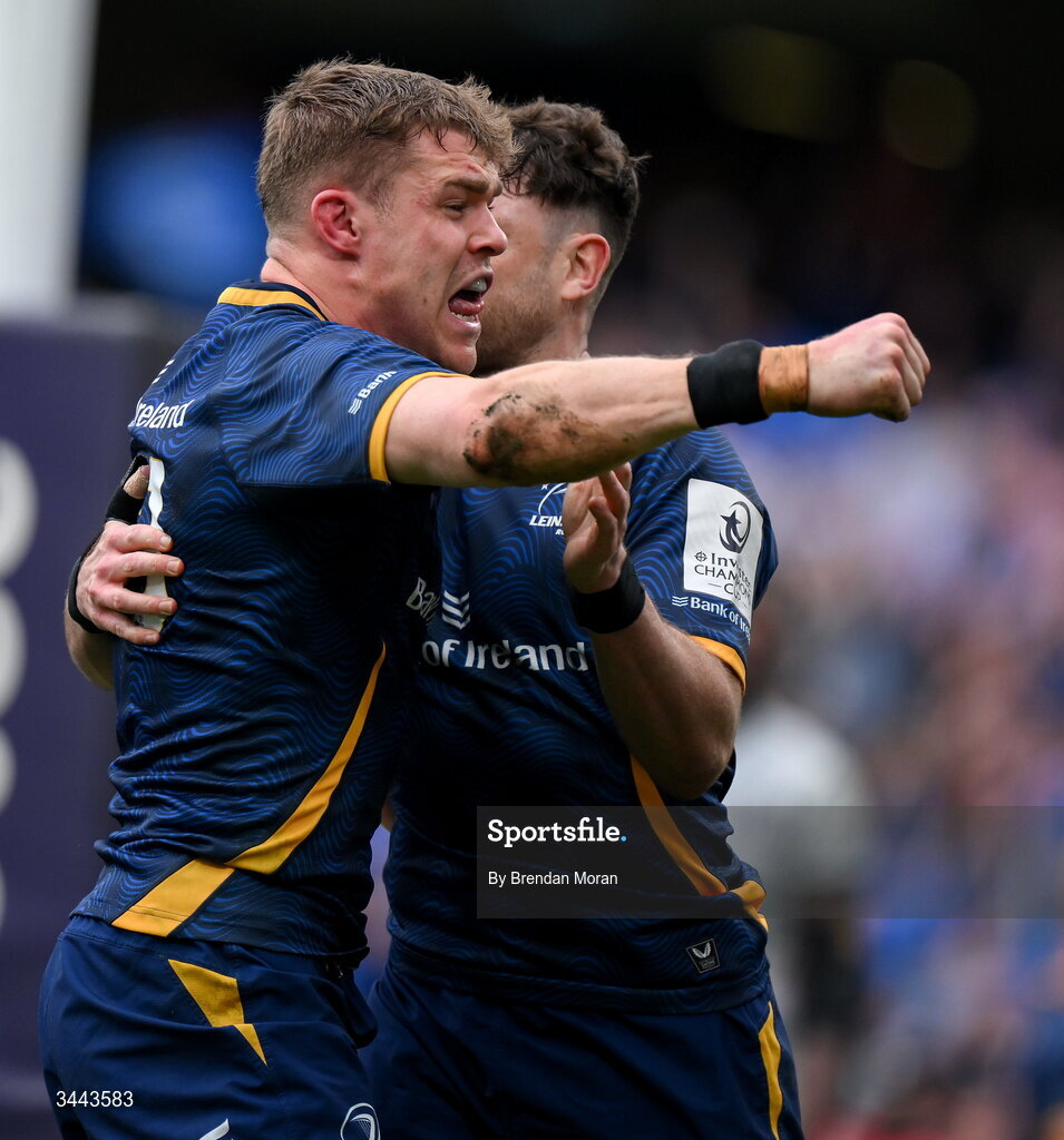2 May 2026; Garry Ringrose of Leinster celebrates after scoring his side's third try during the Investec Champions Cup semi-final match between Leinster and RC Toulon at the Aviva Stadium in Dublin. Photo by Brendan Moran/Sportsfile