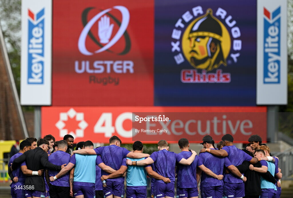2 May 2026; The Exeter Chiefs team huddle before the EPCR Challenge Cup semi-final match between Ulster and Exeter Chiefs at Affidea Stadium in Belfast. Photo by Ramsey Cardy/Sportsfile