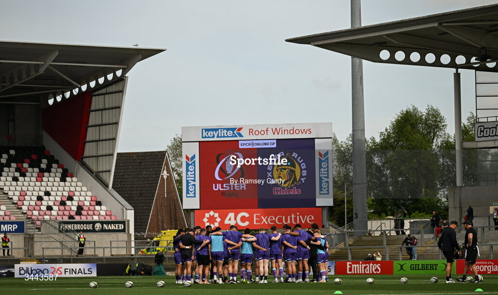 2 May 2026; The Exeter Chiefs team huddle before the EPCR Challenge Cup semi-final match between Ulster and Exeter Chiefs at Affidea Stadium in Belfast. Photo by Ramsey Cardy/Sportsfile