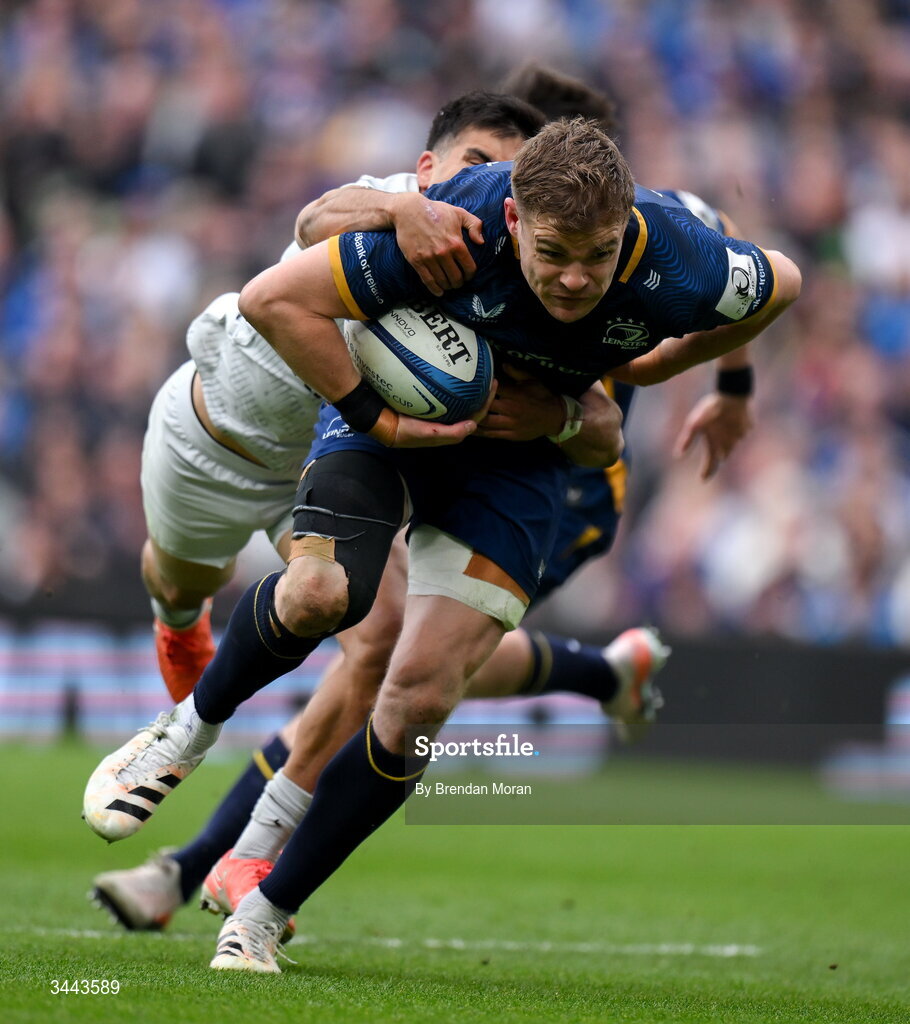 2 May 2026; Garry Ringrose of Leinster in action against Tomas Albornoz of RC Toulon on his way to scoring his side's third try during the Investec Champions Cup semi-final match between Leinster and RC Toulon at the Aviva Stadium in Dublin. Photo by Brendan Moran/Sportsfile
