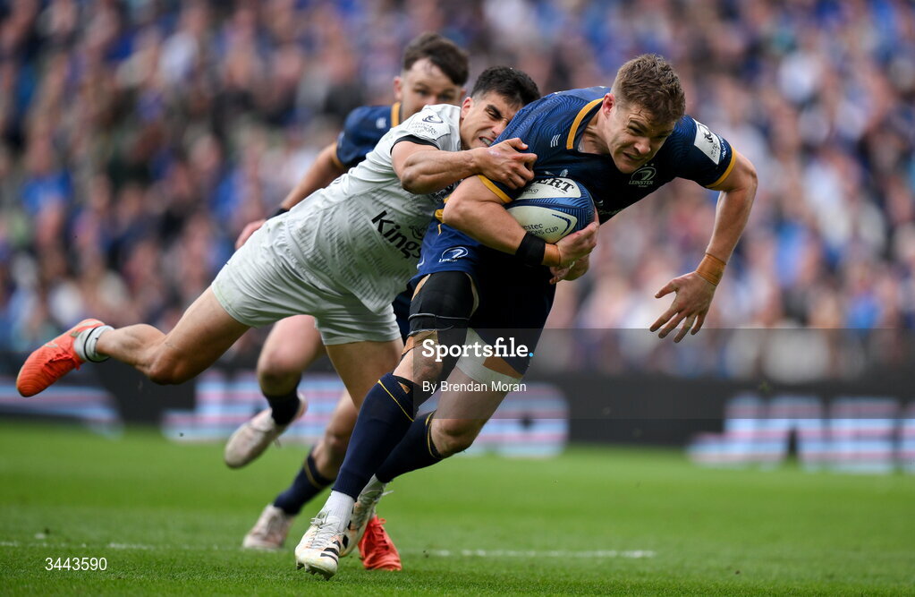 2 May 2026; Garry Ringrose of Leinster in action against Tomas Albornoz of RC Toulon on his way to scoring his side's third try during the Investec Champions Cup semi-final match between Leinster and RC Toulon at the Aviva Stadium in Dublin. Photo by Brendan Moran/Sportsfile