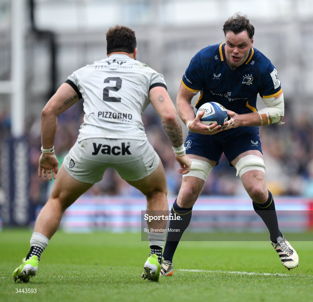 2 May 2026; James Ryan of Leinster in action against Teddy Baubigny of RC Toulon during the Investec Champions Cup semi-final match between Leinster and RC Toulon at the Aviva Stadium in Dublin. Photo by Brendan Moran/Sportsfile