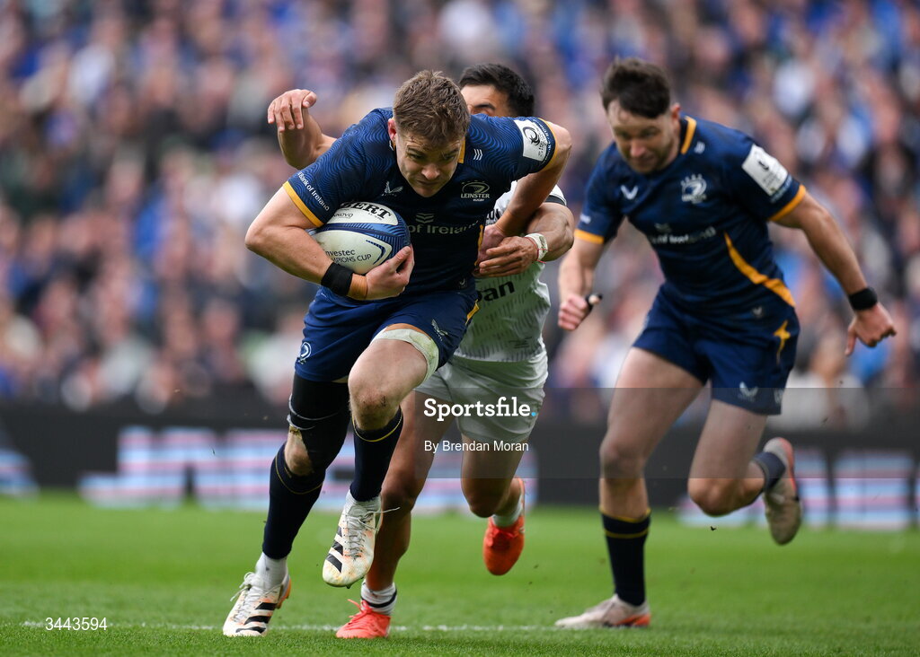 2 May 2026; Garry Ringrose of Leinster in action against Tomas Albornoz of RC Toulon on his way to scoring his side's third try during the Investec Champions Cup semi-final match between Leinster and RC Toulon at the Aviva Stadium in Dublin. Photo by Brendan Moran/Sportsfile