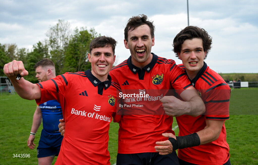 2 May 2026; Sean Purcell, Jake Kennedy and Tadhg Galvin of Munster celebrate after winning the IRFU Men's Junior Interprovincials Round 2 match between Munster and Leinster at DLSP FC in Kiltiernan, Dublin. Photo by Paul Phelan/Sportsfile