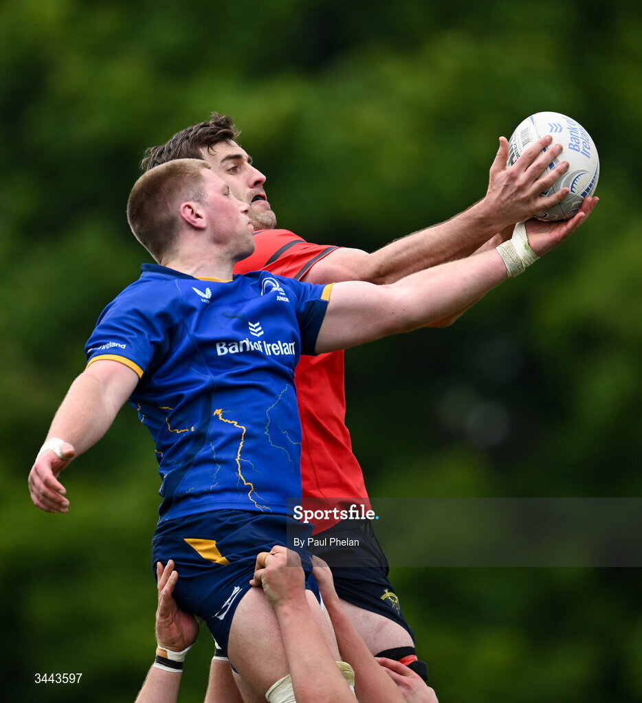 2 May 2026; Jake Kennedy of Munster wins a lineout ahead of Liam Forster of Leinster during the IRFU Men's Junior Interprovincials Round 2 match between Munster and Leinster at DLSP FC in Kiltiernan, Dublin. Photo by Paul Phelan/Sportsfile