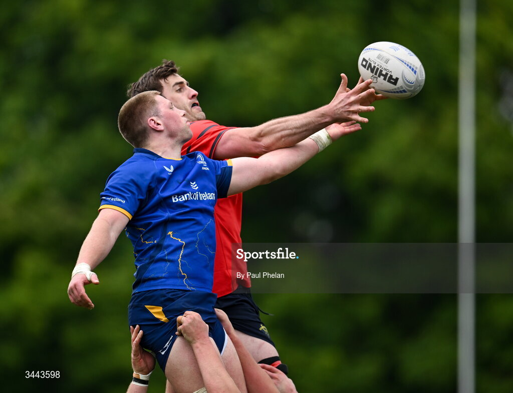 2 May 2026; Jake Kennedy of Munster wins a lineout ahead of Liam Forster of Leinster during the IRFU Men's Junior Interprovincials Round 2 match between Munster and Leinster at DLSP FC in Kiltiernan, Dublin. Photo by Paul Phelan/Sportsfile
