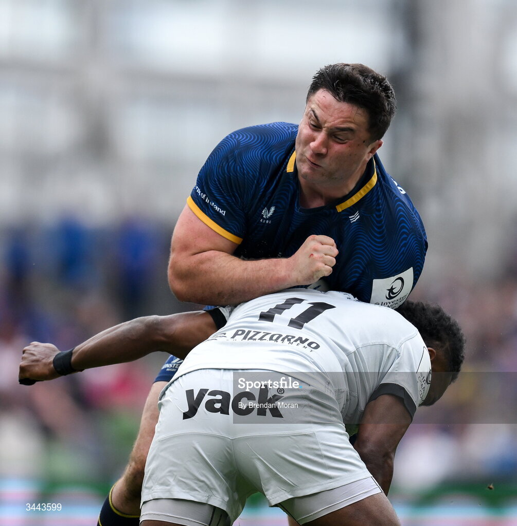 2 May 2026; Thomas Clarkson of Leinster is tackled by Setariki Tuicuvu of RC Toulon during the Investec Champions Cup semi-final match between Leinster and RC Toulon at the Aviva Stadium in Dublin. Photo by Brendan Moran/Sportsfile