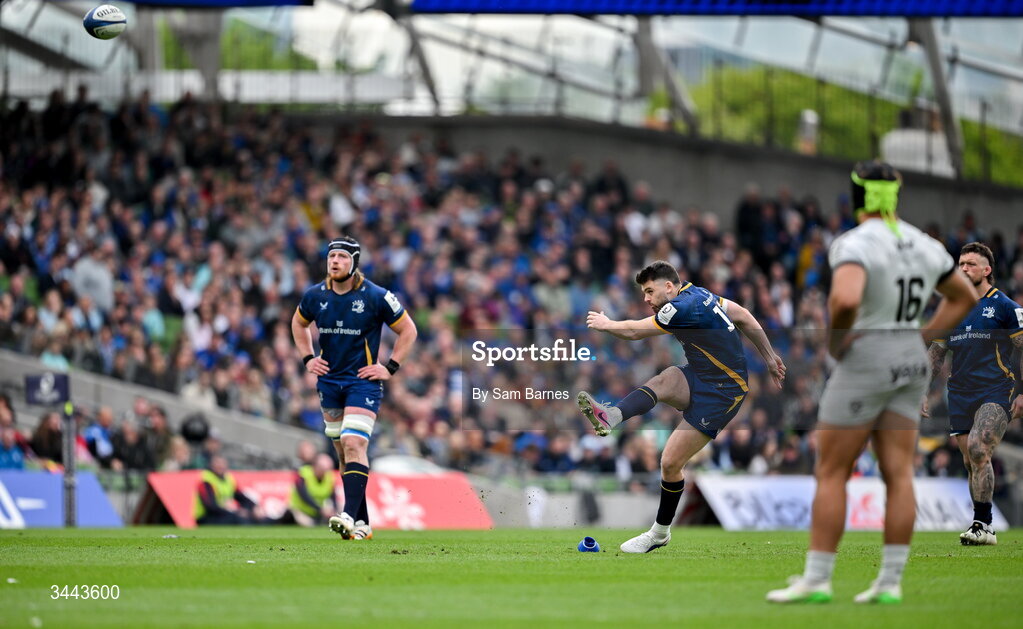 2 May 2026; Harry Byrne of Leinster kicks a penalty during the Investec Champions Cup semi-final match between Leinster and RC Toulon at the Aviva Stadium in Dublin. Photo by Sam Barnes/Sportsfile