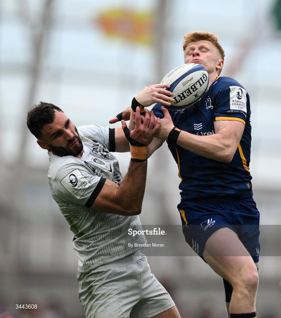 2 May 2026; Tommy O'Brien of Leinster in action against Charles Ollivon of RC Toulon during the Investec Champions Cup semi-final match between Leinster and RC Toulon at the Aviva Stadium in Dublin. Photo by Brendan Moran/Sportsfile