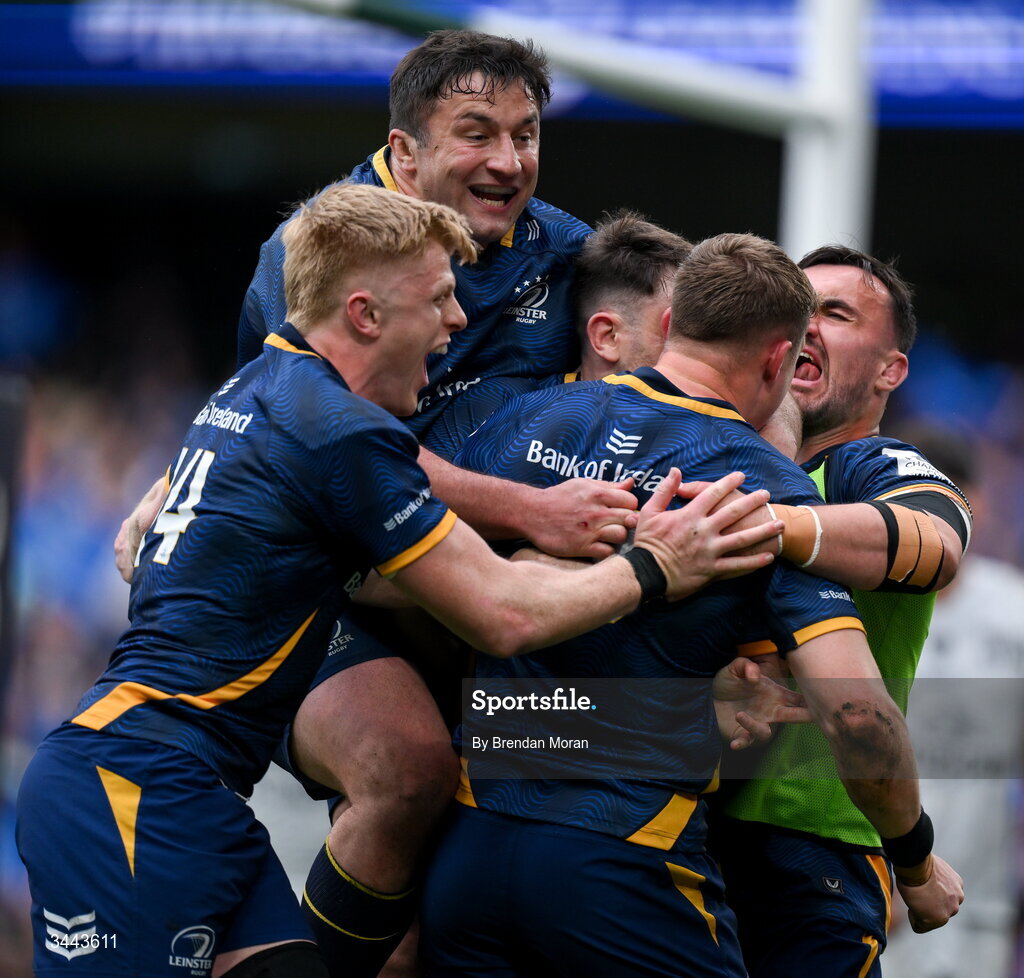 2 May 2026; Garry Ringrose of Leinster, right, celebrates with teammates including Tommy O'Brien, left, after scoring their side's third try during the Investec Champions Cup semi-final match between Leinster and RC Toulon at the Aviva Stadium in Dublin. Photo by Brendan Moran/Sportsfile