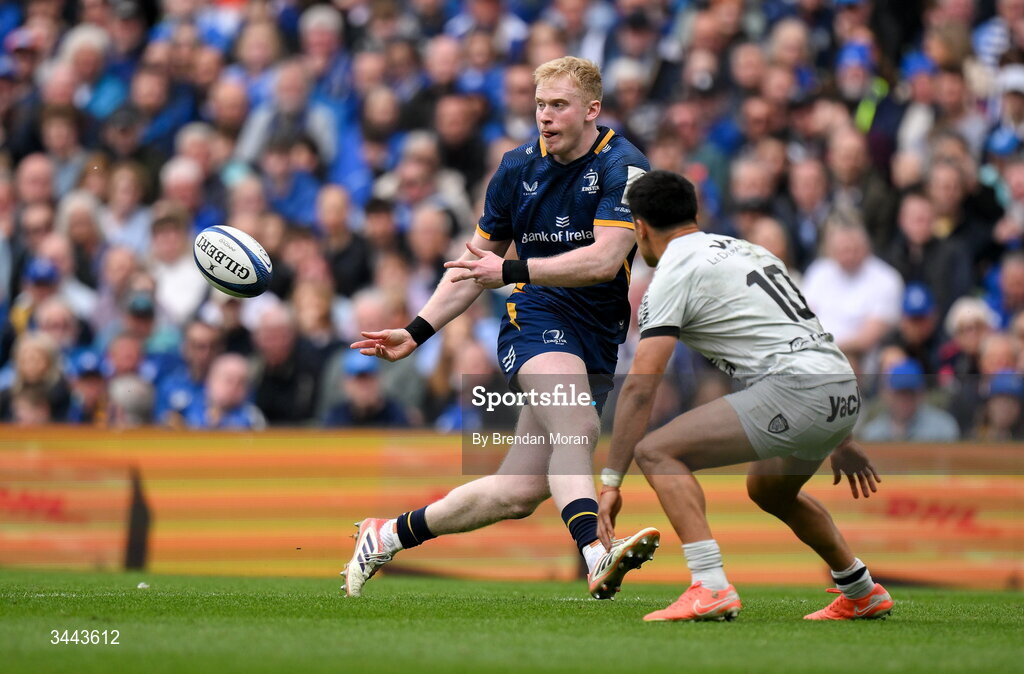 2 May 2026; Jamie Osborne of Leinster in action against Tomas Albornoz of RC Toulon during the Investec Champions Cup semi-final match between Leinster and RC Toulon at the Aviva Stadium in Dublin. Photo by Brendan Moran/Sportsfile