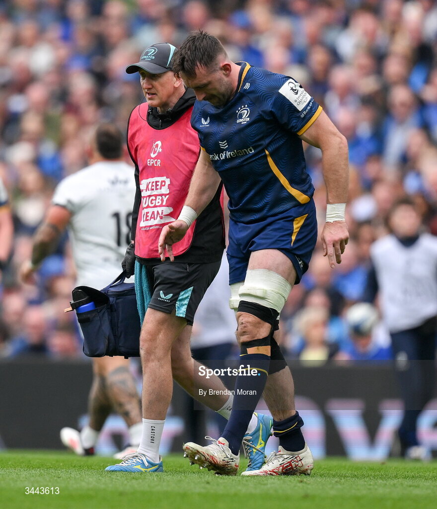 2 May 2026; Jack Conan of Leinster leaves the pitch with an injury during the Investec Champions Cup semi-final match between Leinster and RC Toulon at the Aviva Stadium in Dublin. Photo by Brendan Moran/Sportsfile