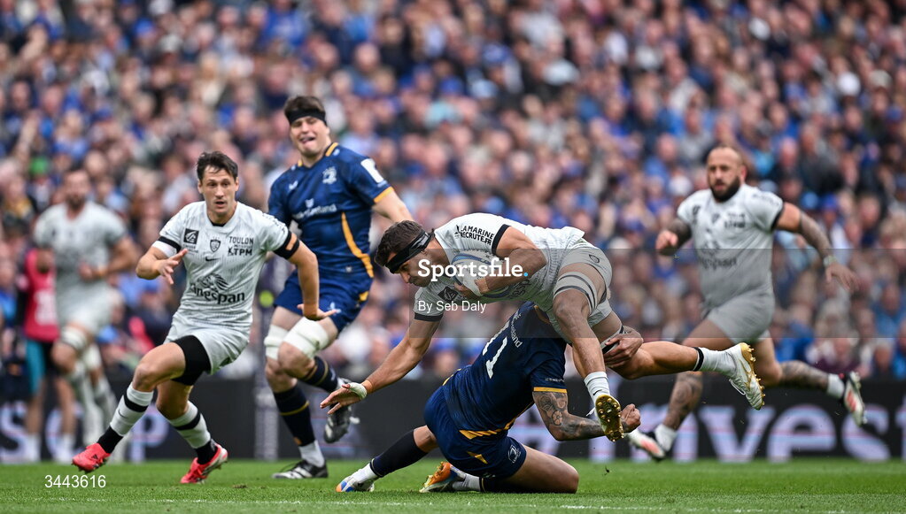 2 May 2026; Esteban Abadie of RC Toulon is tackled by Rieko Ioane of Leinster during the Investec Champions Cup semi-final match between Leinster and RC Toulon at the Aviva Stadium in Dublin. Photo by Seb Daly/Sportsfile