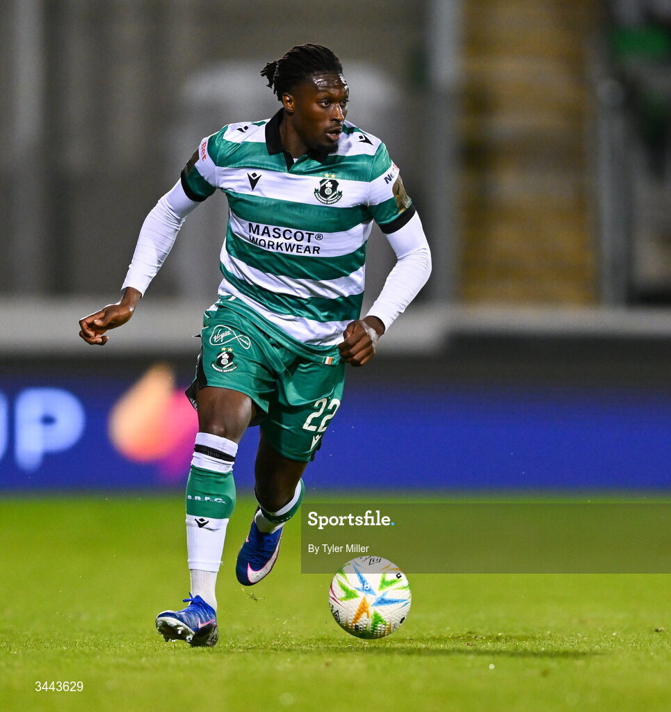 1 May 2026; Tunmise Sobowale of Shamrock Rovers during the SSE Airtricity Men's Premier Division match between Shamrock Rovers and Waterford at Tallaght Stadium in Dublin. Photo by Tyler Miller/Sportsfile