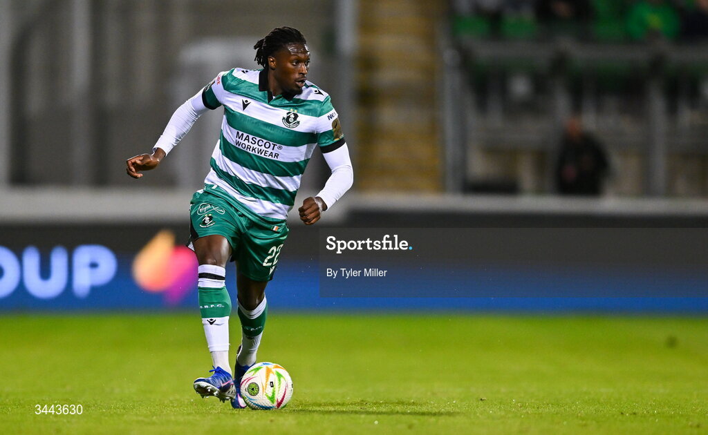 1 May 2026; Tunmise Sobowale of Shamrock Rovers during the SSE Airtricity Men's Premier Division match between Shamrock Rovers and Waterford at Tallaght Stadium in Dublin. Photo by Tyler Miller/Sportsfile