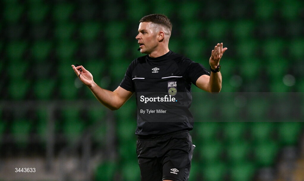 1 May 2026; Referee Lucas Keating during the SSE Airtricity Men's Premier Division match between Shamrock Rovers and Waterford at Tallaght Stadium in Dublin. Photo by Tyler Miller/Sportsfile