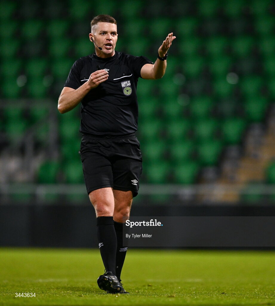 1 May 2026; Referee Lucas Keating during the SSE Airtricity Men's Premier Division match between Shamrock Rovers and Waterford at Tallaght Stadium in Dublin. Photo by Tyler Miller/Sportsfile