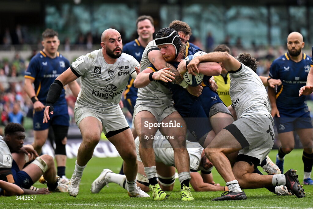 2 May 2026; Joe McCarthy of Leinster in action against Teddy Baubigny, left, and Jérémy Sinzelle of RC Toulon during the Investec Champions Cup semi-final match between Leinster and RC Toulon at the Aviva Stadium in Dublin. Photo by Sam Barnes/Sportsfile
