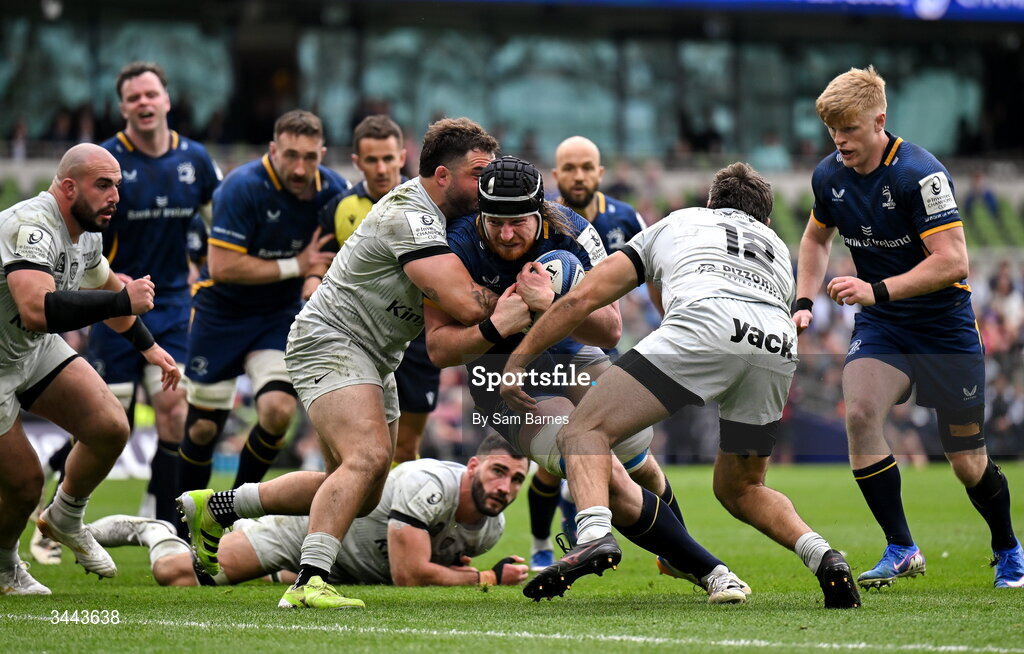 2 May 2026; Joe McCarthy of Leinster in action against Teddy Baubigny, left, and Jérémy Sinzelle of RC Toulon during the Investec Champions Cup semi-final match between Leinster and RC Toulon at the Aviva Stadium in Dublin. Photo by Sam Barnes/Sportsfile