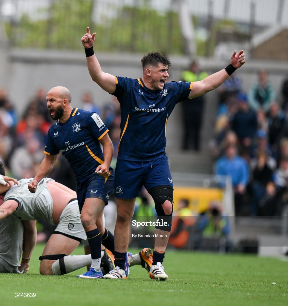2 May 2026; Dan Sheehan, right, and Jamison Gibson-Park of Leinster celebrate winning a penalty during the Investec Champions Cup semi-final match between Leinster and RC Toulon at the Aviva Stadium in Dublin. Photo by Brendan Moran/Sportsfile