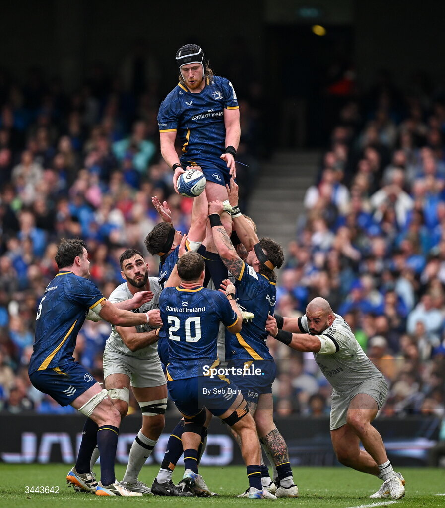2 May 2026; Joe McCarthy of Leinster wins possesion in a line-out during the Investec Champions Cup semi-final match between Leinster and RC Toulon at the Aviva Stadium in Dublin. Photo by Seb Daly/Sportsfile