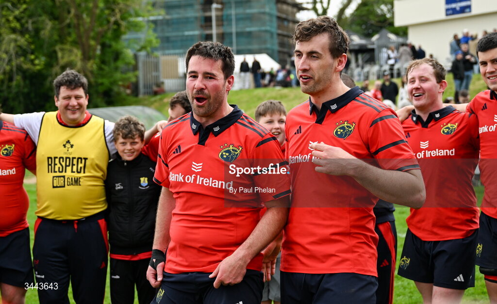 2 May 2026; Debutants Adam McEvoy and Jake Kennedy of Munster sing 'The Fields of Athenry' after the IRFU Men's Junior Interprovincials Round 2 match between Munster and Leinster at DLSP FC in Kiltiernan, Dublin. Photo by Paul Phelan/Sportsfile