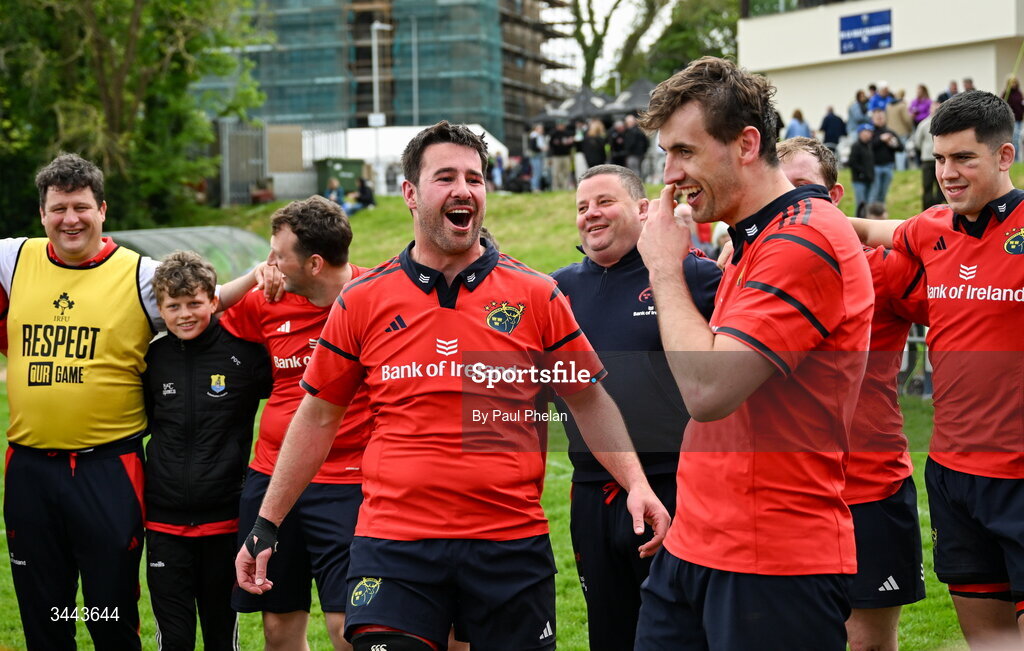 2 May 2026; Debutants Adam McEvoy and Jake Kennedy of Munster sing 'The Fields of Athenry' after the IRFU Men's Junior Interprovincials Round 2 match between Munster and Leinster at DLSP FC in Kiltiernan, Dublin. Photo by Paul Phelan/Sportsfile