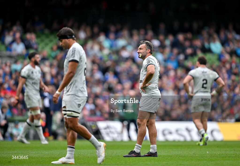 2 May 2026; Jérémy Sinzelle of RC Toulon, centre, and teammates react during the Investec Champions Cup semi-final match between Leinster and RC Toulon at the Aviva Stadium in Dublin. Photo by Sam Barnes/Sportsfile
