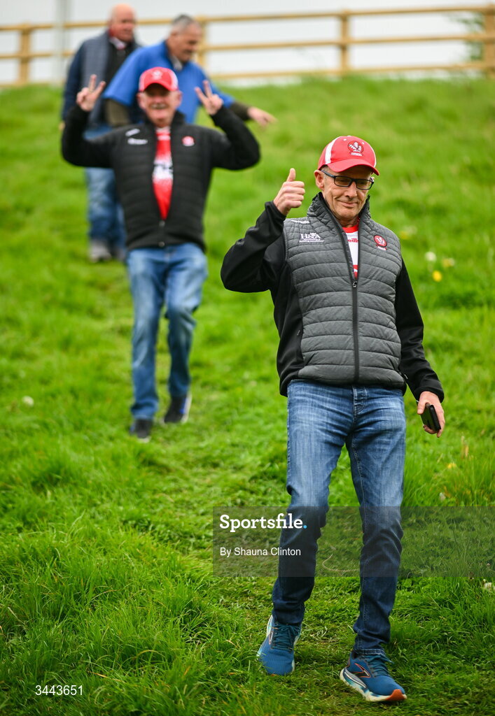 2 May 2026; Derry supporters arrive ahead of the Ulster GAA Football Senior Championship semi-final match between Derry and Monaghan at BOX-IT Athletic Grounds in Armagh. Photo by Shauna Clinton/Sportsfile