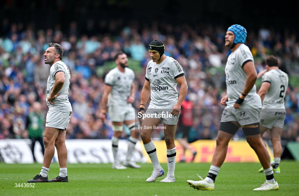 2 May 2026; RC Toulon players including, Jérémy Sinzelle, left, and Nacho Brex, centre, and teammates react during the Investec Champions Cup semi-final match between Leinster and RC Toulon at the Aviva Stadium in Dublin. Photo by Sam Barnes/Sportsfile
