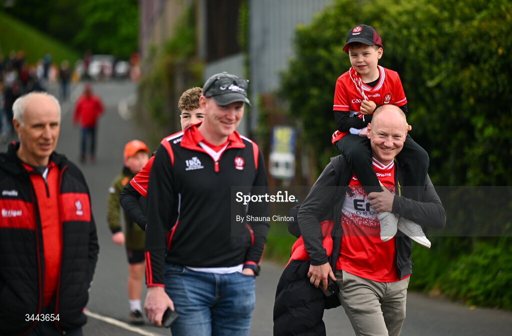 2 May 2026; Derry supporters arrive ahead of the Ulster GAA Football Senior Championship semi-final match between Derry and Monaghan at BOX-IT Athletic Grounds in Armagh. Photo by Shauna Clinton/Sportsfile