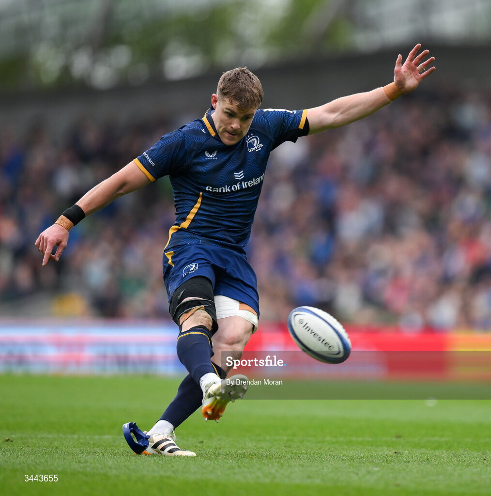 2 May 2026; Garry Ringrose of Leinster attempts to convert his own try during the Investec Champions Cup semi-final match between Leinster and RC Toulon at the Aviva Stadium in Dublin. Photo by Brendan Moran/Sportsfile
