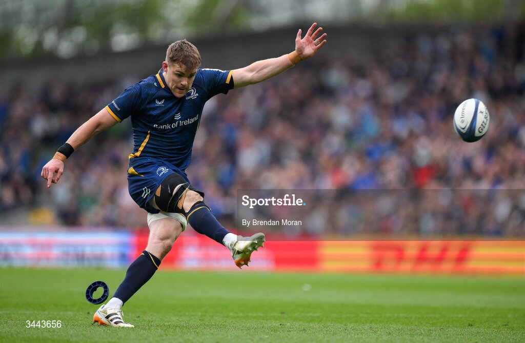 2 May 2026; Garry Ringrose of Leinster attempts to convert his own try during the Investec Champions Cup semi-final match between Leinster and RC Toulon at the Aviva Stadium in Dublin. Photo by Brendan Moran/Sportsfile