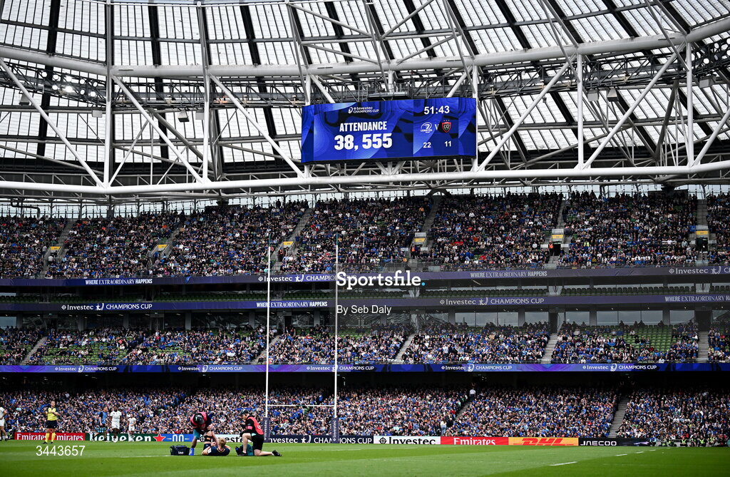 2 May 2026; The attendance is shown on the big screen during the Investec Champions Cup semi-final match between Leinster and RC Toulon at the Aviva Stadium in Dublin. Photo by Seb Daly/Sportsfile